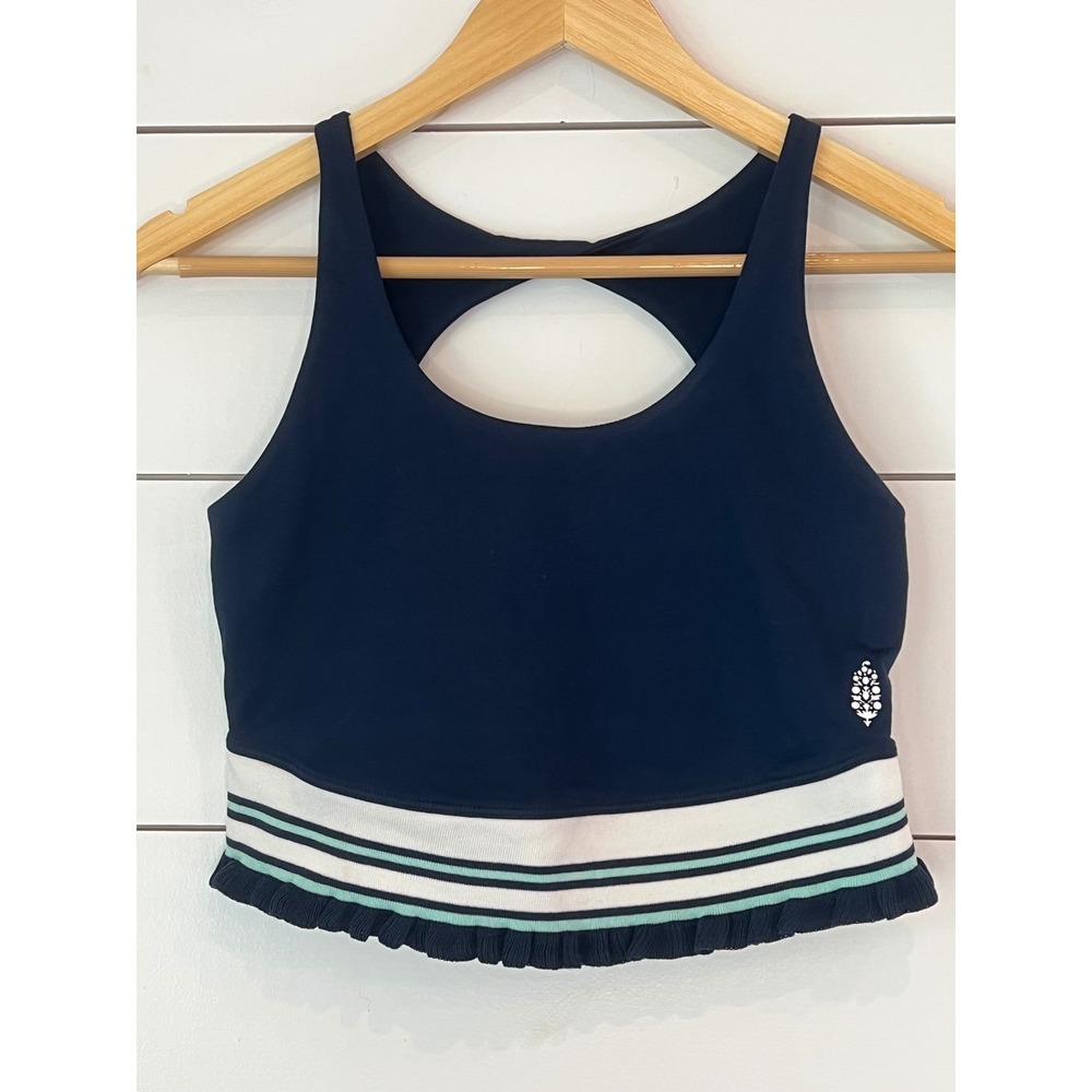 FP Movement Free People Navy Blue Striped Ruffle Crop‎ Top Sports Bra Small